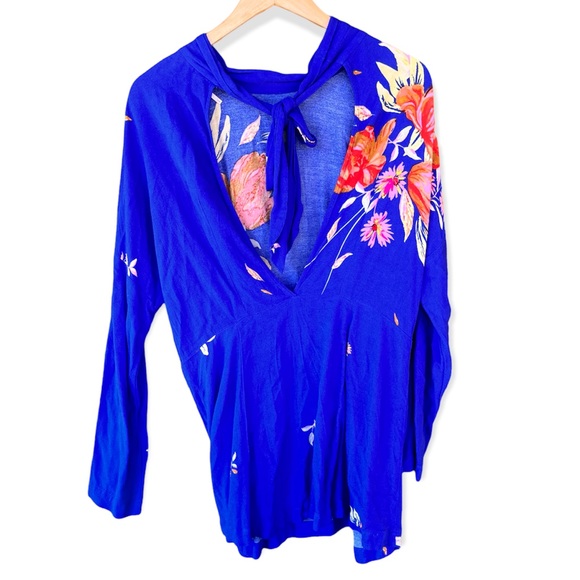 FREE PEOPLE Blue Floral Gemma Long Sleeve Tunic Mini Dress SMALL High Neck - Picture 6 of 7